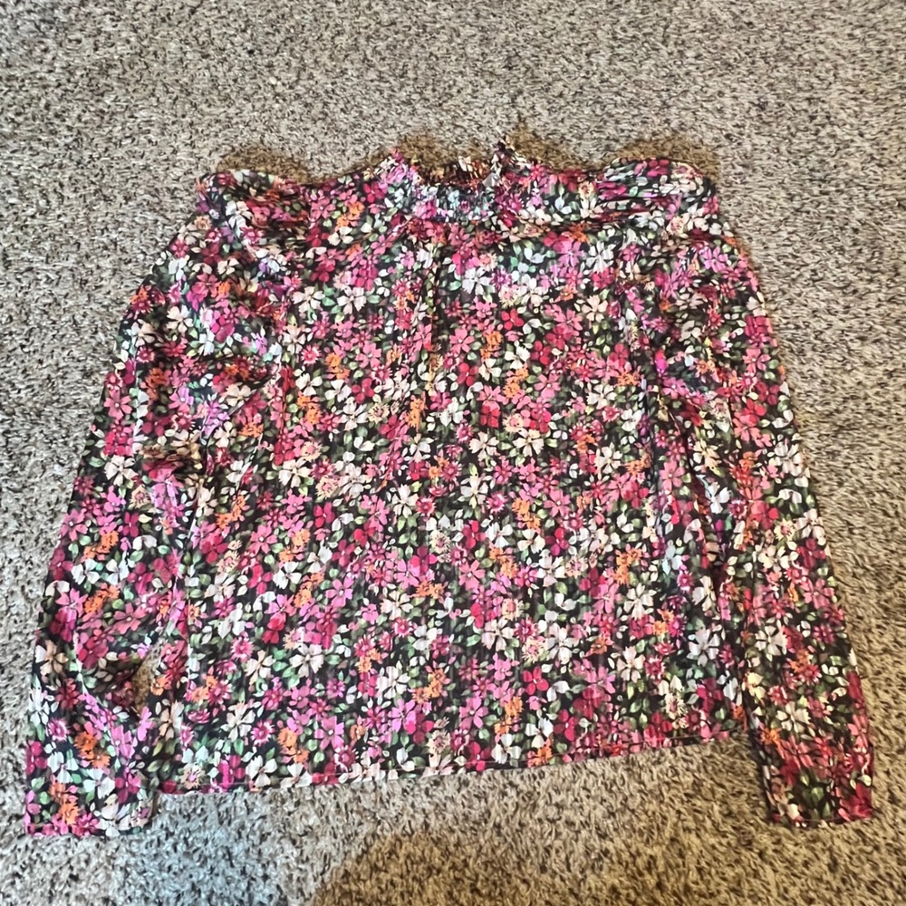 Self Contrast Womens Pink Emerald Floral Smocked High Neck Blouse Small NEW
